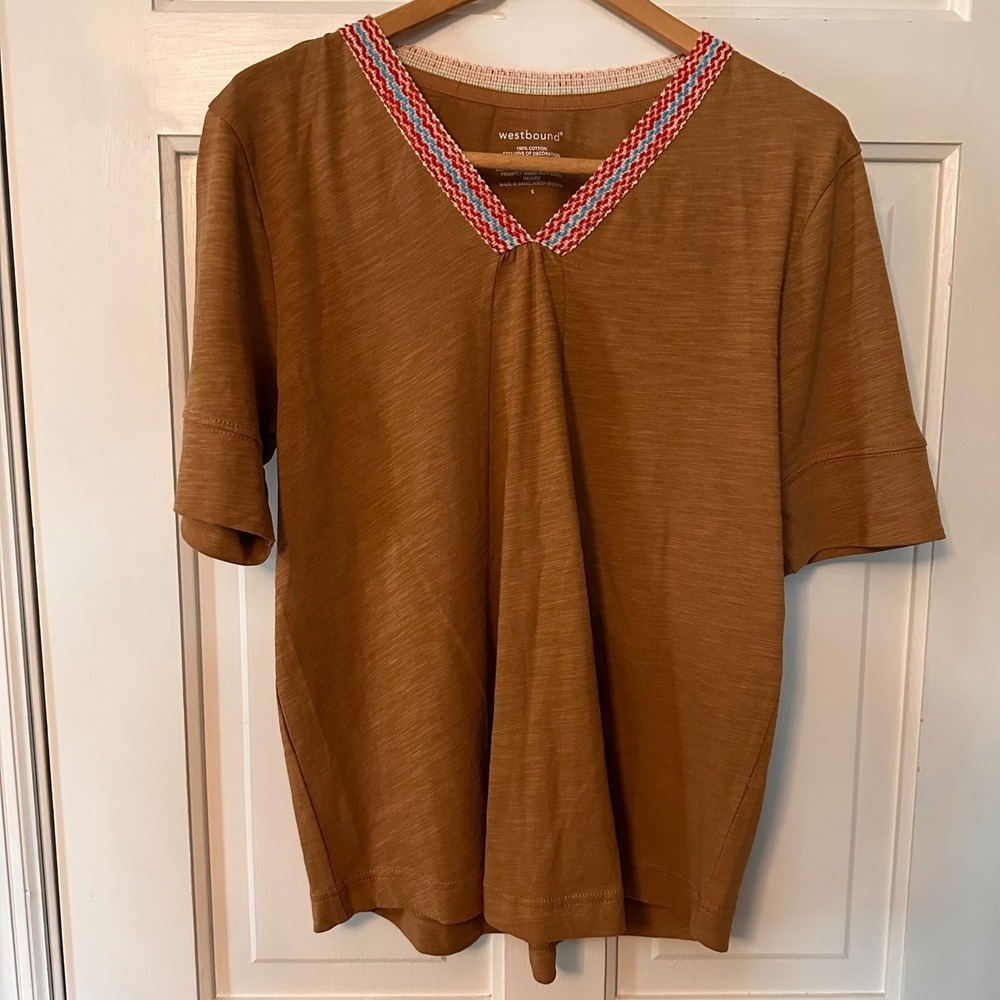 VTG Westbound Womens Brown Cotton Embroidered V Neck Short Sleeve Top‎